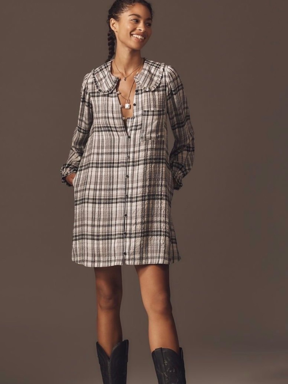 Pilcro Plaid Mini Shirt Dress in Cream and Black